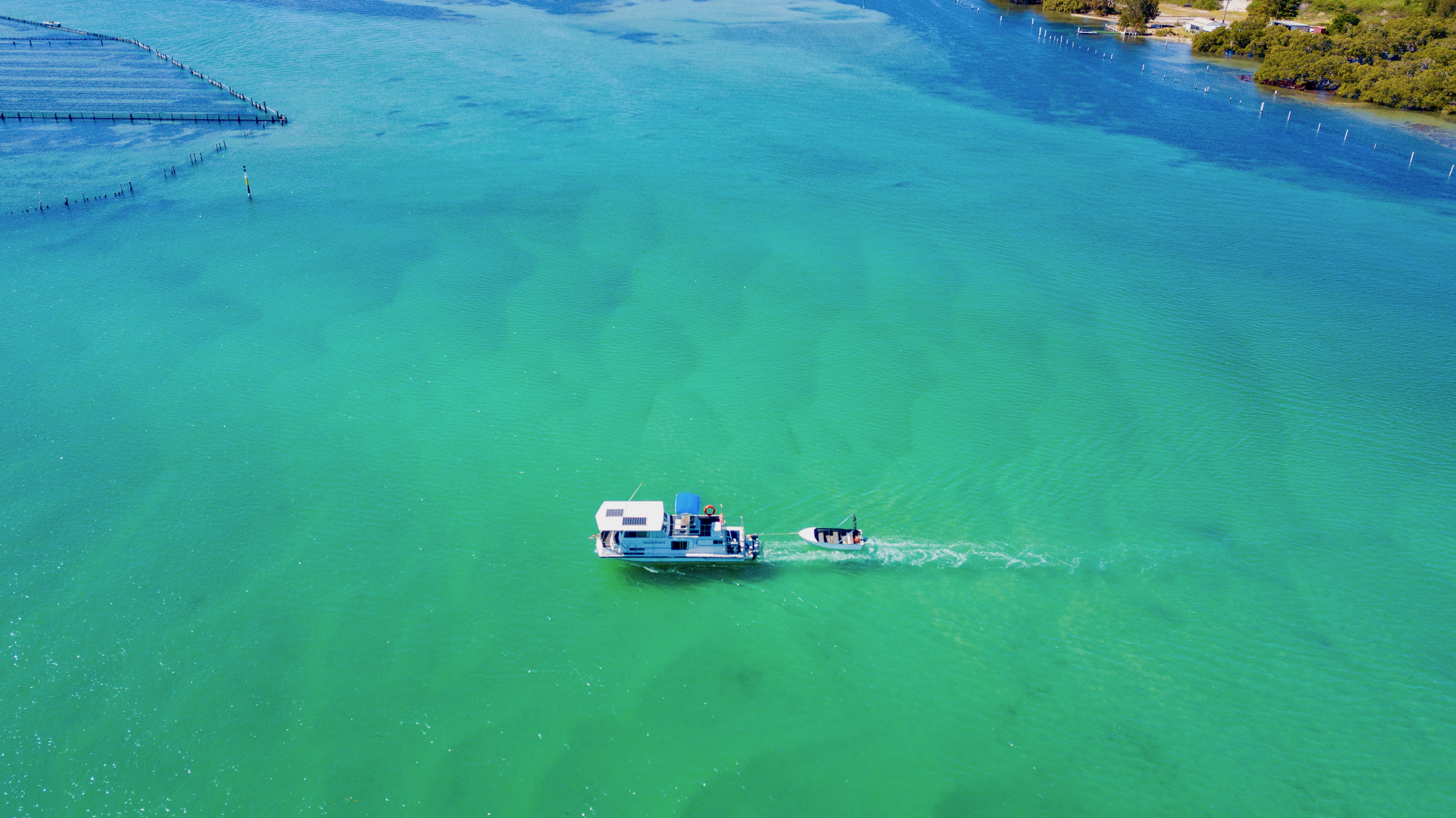 Houseboat on Wallis Lake, Forster NSW aerial view